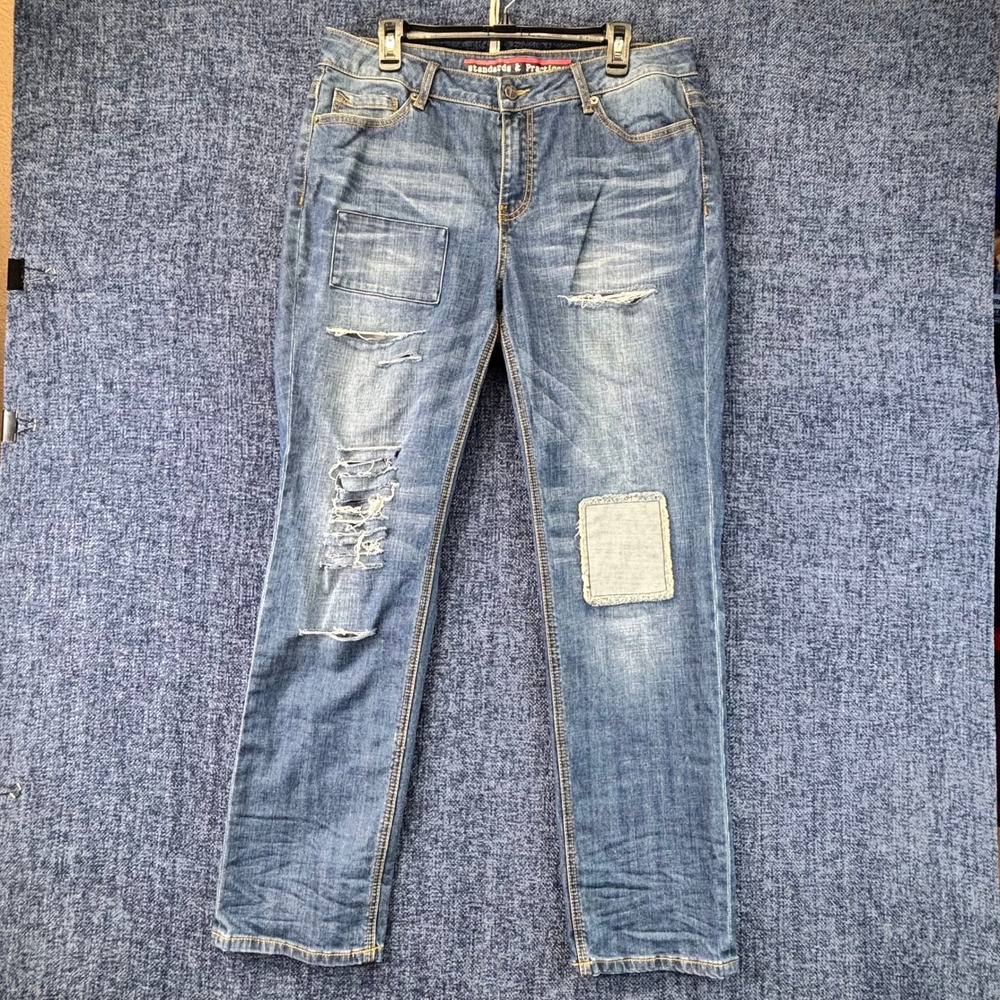 Standards & Practices Jeans Women 16 Blue Cotton Blend Straight Distressed Patch